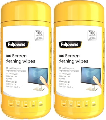 Fellowes 100 Bildschirm- und Tastatur-Wischtücher für Zuhause und Büro – Monitor/Laptop/iPad/Mobiltelefon/Tablet-Reinigungstücher Einzelpackung Multi (Packung mit 2)