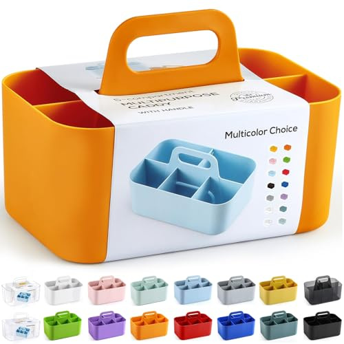 Multiuse Caddy Organizer with Handle, Portable Divided Plastic Tote Bin - Art Craft, Stationary Pen Marker Crayon, Makeup Hair Supplies Storage - Bathroom, Classroom, Dorm, Office, Desk Holder -Orange