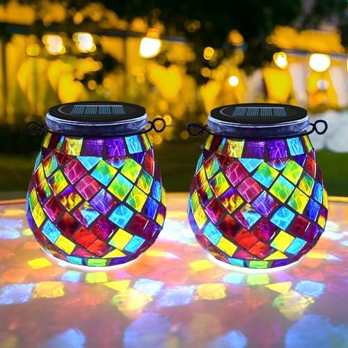 TOTHDATE 2PCS Solar Mosaik Leuchte Oval für Außen, On/Off Glas Mosaik Hängend Licht Solarlaterne Tischleuchte IP65 Wasserdicht für Rasen Pfad Hof Deck Boden Teich, Rot Quadrat Mosaik