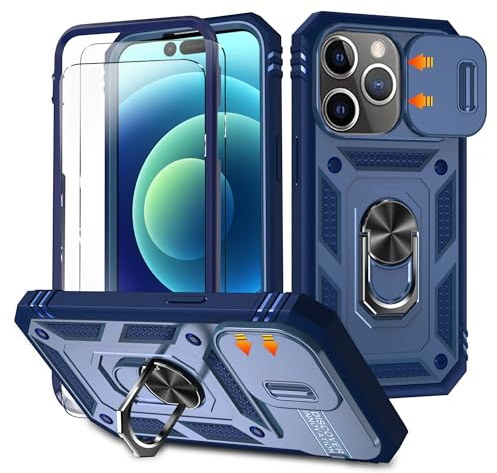 HpulaCase for iphone 11 Pro Max Case with Camera Cover Slider, 2*Screen Protectors,Build in 360°Rotating Ring Kickstand, Military Grade Protective Case for iphone 11 Pro Max 6.5-Blue