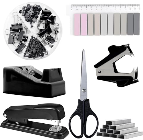 Büroartikel Set, Lila Schreibtischzubehör 10 Kit, Schreibtisch Set mit Entklammerer, Heftklammern, Heftklammerentferner Abroller Schere Bandmaß Allzweckmesser Clip Haftnotizen (Schwarz)
