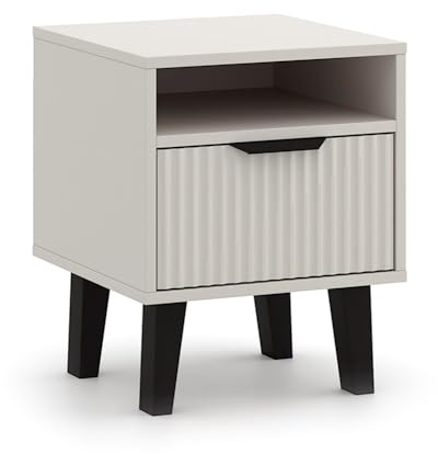CDF Nachttisch mit 1 Schublade und offenem Fach – Moderner Beistelltisch fürs Schlafzimmer – Nachtschrank mit gerillter Front – Viel Stauraum – Nachtkonsole Kommode im Flur - Kaschmir Beige 1S Slim