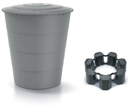 Kreher® Récupérateur d'eau de pluie XXL « Smooth » 510L avec couvercle et pied (en option). En plastique anthracite/gris. Aspect discret au format rond, intemporel et moderne. (gris, avec couvercle et
