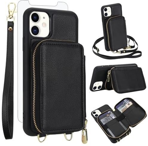 Phone Case for iPhone 11 6.1 Wallet Cell Cover with Tempered Glass Screen Protector Crossbody Strap Lanyard RFID Blocking Credit Card Holder iphone11case iPhone11 i Phone11 11s XI 11R Women Men Black