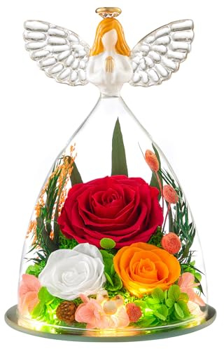 Flomoon Gifts for Women, Forever Flowers Mothers Day Preserved Rose in Glass Angel Figurine Real Colorful Roses Birthday Gifts for Her Grandma Daughter Sister Wife, Multicolor