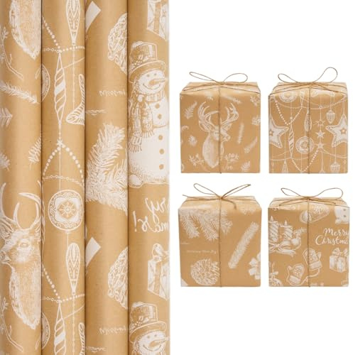 Weihnachtsgeschenkpapierrolle aus Kraftpapier: Weihnachtsgeschenkpapier aus Kraftpapier mit festlichem, weißem Muster, recycelbar, ideal für Weihnachtsfeiern und Dekorationen – 4 Rollen à 43 cm x 3 m