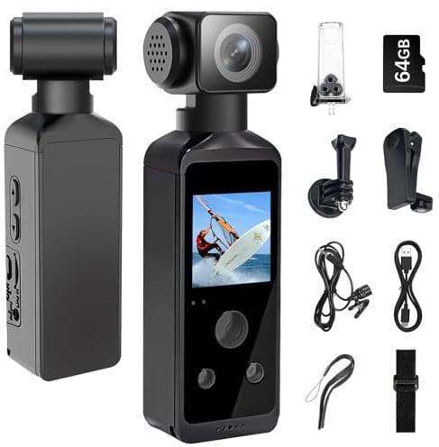 WOWAWOLA Caméra corporelle HD 5K avec Audio et vidéo, caméra d'action Sport avec Objectif Rotatif à 270°, caméra de vlogging pour Voyage, Sport en Plein air, Cyclisme, Clip et Carte TF 64 Go Incluse