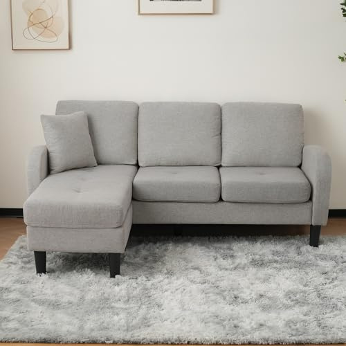 Lahoomu L-förmiges Ecksofa mit Chaiselongue, 3-Sitzer Sofa Hellgrau, Atmungsaktiver Baumwoll-Leinenstoff, Kunststoffbeine, Modulares Design, für Wohnzimmer, Apartments und Büros