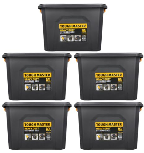 TOUGH MASTER Storage Boxes with Lids 18L Strong Tool Box Stackable for Home, Office & Workshop (Pack of 5)