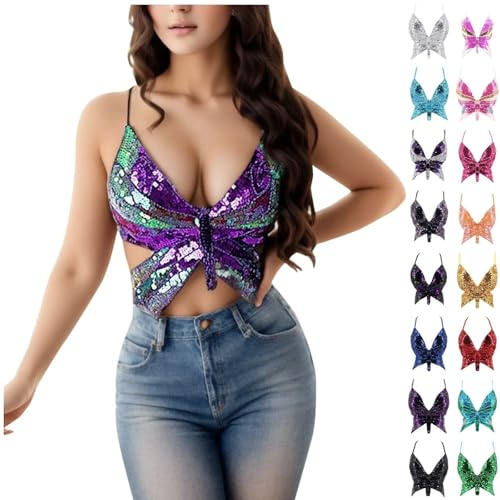 Pailletten Schmetterling Crop Tops,Damen Sexy Tief V Rückenfrei BH Festival Outfits Bauchtanz Oberteil Kostüm,Metallic Glitzer Bikini Bustier Top Meerjungfrau Y2K Spaghettitop Karneval Party Nachtclub