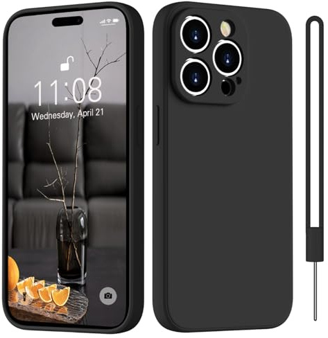 HGH für iPhone 15 Pro Max Hülle Silikon mit Lanyard, Schwarz | Handyhülle für iPhone 15 Pro Max Dünn Rundumschutz mit Microfiber-Innenfutter Kratzfest Schutzhülle