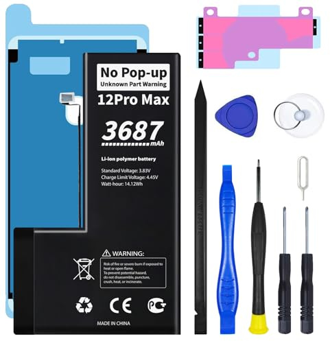 No Unknown Part Warning for iPhone 12 Pro Max Diagnostic Battery, Truthfully Rated 3687mAh Capacity Rechargeable Battery Replacement for iPhone 12 Pro Max with Full Tool Kit