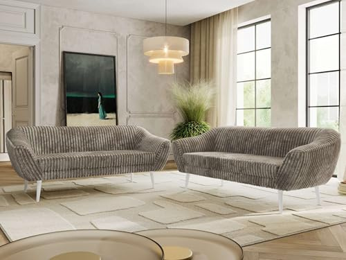 MKS MEBLE Sofagarnitur PIRS 3 + 3 - Couchgarnitur im skandinavischen Design, Gesteppte Polsterung, Wellenfederung, Wohnzimmer Sofa Set - Weiße Beine, Hellbraun Cord