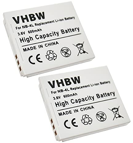 vhbw 2X Akku kompatibel mit Canon IXUS 30, 40, 255 HS, 50, 82 Kamera (600 mAh, 3,6 V, Li-Ion)