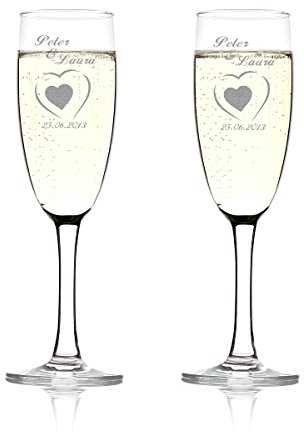 Lot de 2 flûtes à champagne personnalisées avec gravure – Cadeau de mariage pour couple de mariés – Nom et date – Idée cadeau de mariage – Verre de mariage pour couples – dans le grand cœur un petit cœur