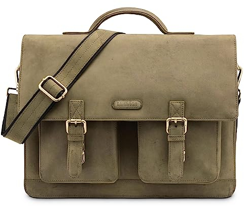 LEABAGS Leder Aktentasche Herren & Damen I Echtleder Laptoptasche bis 15 Zoll I Umhängetasche mit Schultergurt I Schultertasche I Messenger Bag I Arbeitstasche I Lehrertasche I Nature Grün