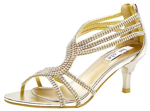 SheSole Ladies Heels Strappy Low Kitten Dress Prom Wedding Bride Sandals Gold Shoes UK Size 7