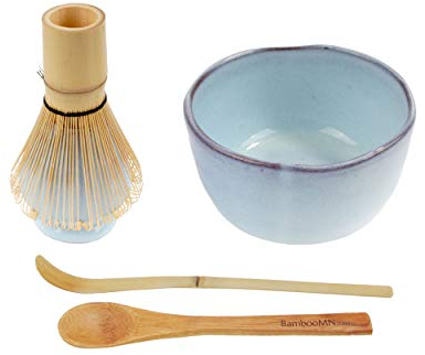 BambooMN Brand - Matcha Bowl Set (Includes Bowl, Rest,Tea Whisk, Chasaku, & Tea Spoon) 1 Set Shimmering Blue