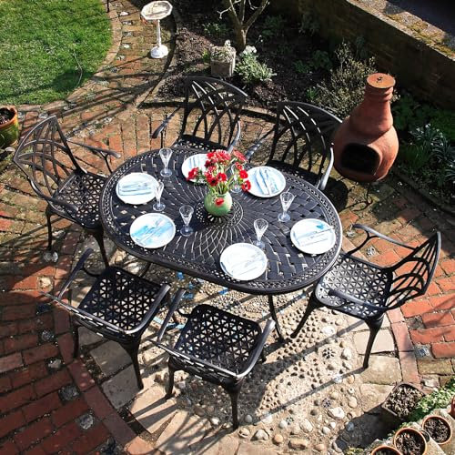 Lazy Susan June 6 Seater Oval Garden Table and Chairs Set, Maintenance Free, Weatherproof, Cast Aluminium, Antique Bronze Finish, Matching April Chairs, Green Cushions