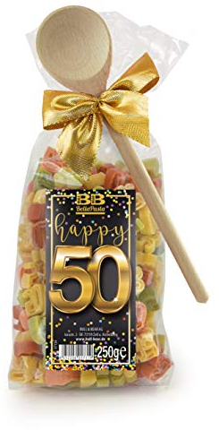 Bull & Bear Pasta Präsent bunte Geburtstags-Nudeln “Happy 50” 250 g, Motivnudeln handgefertigt, mit Kochlöffel, Geschenk