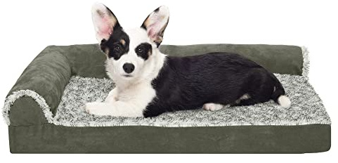 Furhaven Medium Orthopedic Dog Bed Two-Tone Faux Fur & Suede L Shaped Chaise w/Removable Washable Cover - Dark Sage, Medium