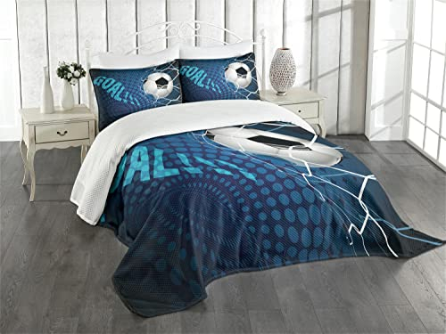 ABAKUHAUS Fußball Tagesdecke Set, Zusammenfassung Ziel Muster, Set mit Kissenbezug Weicher Stoff, für Einzelbetten 170 x 220 cm, Blau schwarz-weiß