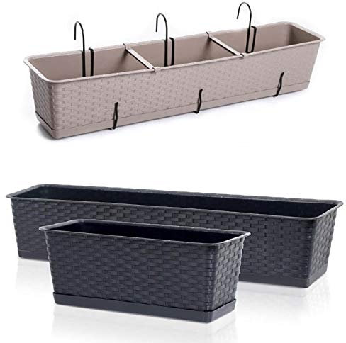 Blumenkasten Balkonkasten Blumentopf Rattan Optik Case P mit Aufhängung Untersetzer Geländerkasten 4 Größen (700 Weiß)