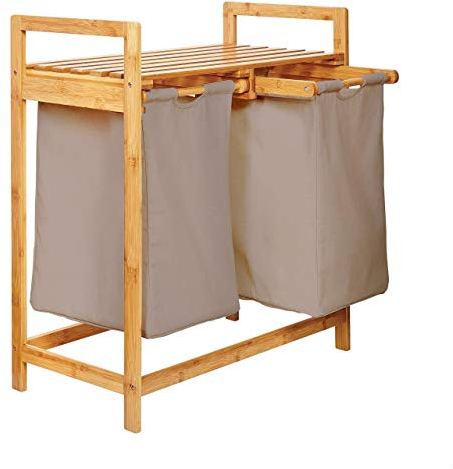 Lumaland Panier à linge en bambou avec 2 sacs à linge extensibles | Matériau facile d'entretien, insensible à l'humidité et facile à essuyer | Hauteur env. 73cm x 64cm de largeur x 33cm de profondeur