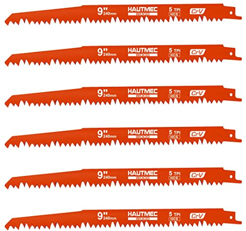 HAUTMEC 6-Piece 240mm Pruning Reciprocating Saw Blades, 5 TPI Wood Cutting CRV Reciprocating Blades for Tree Trimming, Branches & Rough Wood Cutting – HT0167
