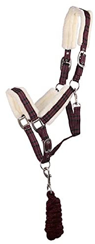 QHP Luxus Halfter-Set kariert mit Kunstfell Halfter + Strick Nylon mit Tasche (Warmblut, Wine red)