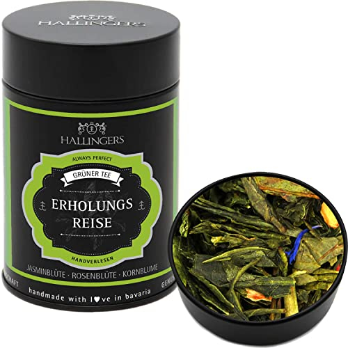 Hallingers Erholungsreise - Loser Grün-Tee mit Jasmin, Rosenblüte & Kornblume (Dose) - Geschenk im Sommer & als perfektes Grillgeschenk | Geburtstag Glückwunsch Genesung Danke Freundschaft