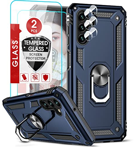 LeYi Hülle für Samsung Galaxy A13 5G/A04S/M13 5G/A04 Metall Ring Handyhülle mit 2 Schutzfolie & 2 Objektivschutz, Militärschutz Robust Halter Metallständer Handy Hüllen Schutzhülle Cover Blau