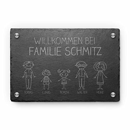 Haustür Willkommensschild Gravur Schiefer | Strichmännchen Familie mit Maske Comic Stil (5 Figuren) | Namensschild personalisiert - Mama Papa Mädchen Junge Opa (30 x 20 cm - Motive 4)
