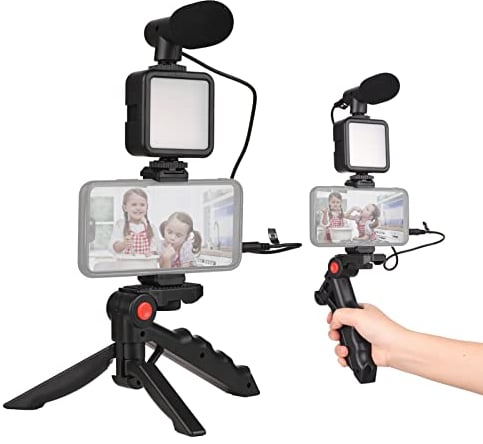 Andoer Kit de video para teléfono inteligente, mini luz LED de video + micrófono cardioide + clip extensible para teléfono + trípode con brillo ajustable para transmisión en vivo, vlog, grabación de