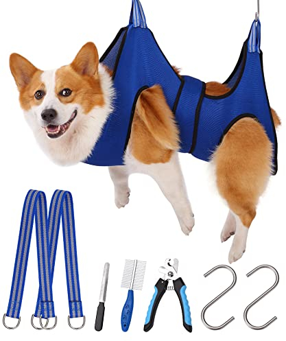 Kkiimatt Dog Grooming Hammock Harness with Nail Clippers, Blue, Large