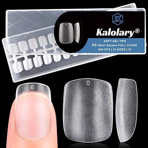 Kalolary Soft Gel Nail Tips, 300pcs 12 Size Full Matte Full Cover Clear Acrylic Nail Tips Pre-shape False Fake Nail for Press on Nail Extensions DIY Manicure Soak Off (XS Short Square)