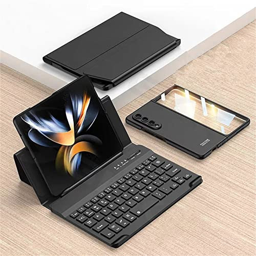 Keyboard Plain Leather Cover For Samsung Galaxy Z Fold 3 Travel Carrying Case Bluetooth Mute Keyboard Wireless Folding Stand Funda (Black)