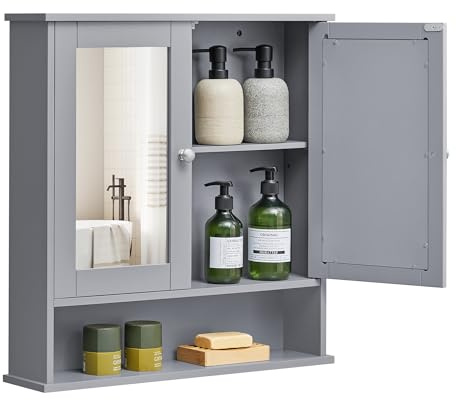 VASAGLE Bathroom Cabinet with Mirror, Wall Cabinet with 2 Mirrored Doors, Adjustable Shelf, Open Compartment, Wall-Mounted, 5.1 x 22.2 x 23 Inches, Dove Gray ULHC002G02