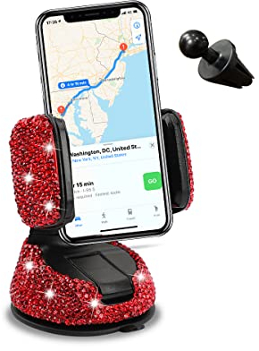 CGEAMDY Bling Autotelefonhalter, 360 Grad Drehung Glitzer Strass Dekoration Smartphone Handy Halter, Multifunktionaler Autotelefonhalter Für Frauen Und Mädchen(Rot)