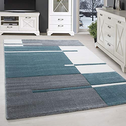 SIMPEX Teppich 280x370 cm XXL Kurzflor Konturenschnitt in Blau Grau Weiß Kariertes Design, Extra Weich, Pflegeleicht, Waschbar Für Großes Wohnzimmer oder Esszimmer