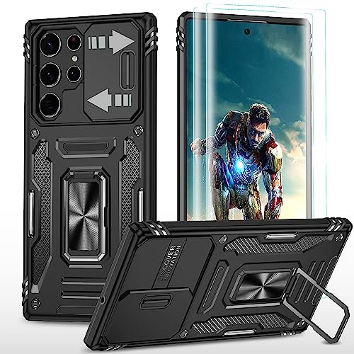 YmhxcY For Samsung Galaxy S22 Ultra Case,With 2*PET Screen Protector, With Slide Camera Cover,Military Grade Protective Case,360° Rotate Metal Stand For Samsung Galaxy S22 Ultra 6.8''-Black