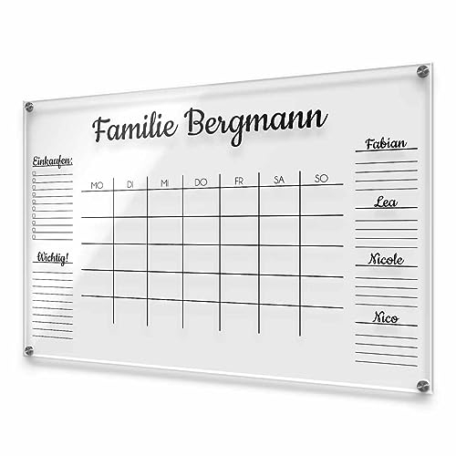 Acrylglas Wandkalender personalisiert mit Namen und Wunschtext - abwischbarer Wochenplaner Familie - Geschenk Mama Muttertag - Familienplaner Acryl - ca. 60x40 cm