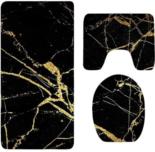 Ensembles de Tapis de Salle de Bain en marbre Noir, 3 pièces, avec Housse de siège de Toilette, Tapis antidérapant et Tapis de Douche, Tapis de Bain Doux et Moderne