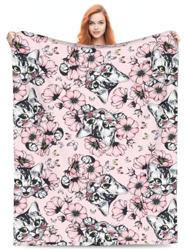 Zeleda Katzendecke für Kinder, Erwachsene, Mädchen, Katzendecke, Geschenke, 152,4 x 127 cm, Flanell, rosa Blume, Kätzchen, Überwurfdecke für Bett, Wohnzimmer, Sofa, Couch, weich, warm, leicht,