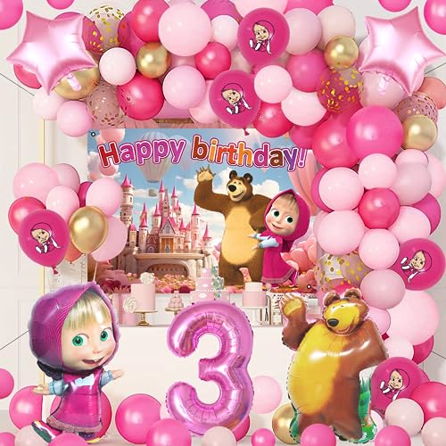 78 Piezas Decoración Masha - Set de Fiesta Con Globos Para Cumpleaños de Niñas 3 Años