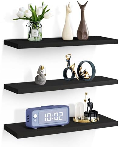 Sour Lemon 3PCS Floating Shelves Black, 58cm Shelves for wall, Shelves Screw Mounted, Display Wall Decor Display Shelves Storage for Living Room,Bedroom,Kitchen (Black, 58x15x1.5cm)