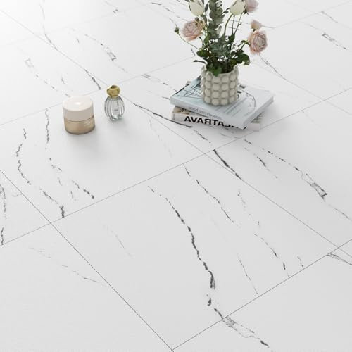 FunStick 30X30CM 30 Dalles de Sol PVC Adhesive Cuisine Sticker Carreaux Sol Adhesif Blanc et Noir Vinyle Adhesif Cuisine Carrelage Adhesif Sol Effet Marbre Blanc Revêtement Sol Adhésif Marbre Corridor