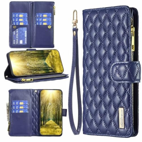 Rnrieyta Miagon for Xiaomi Redmi Note 13 Pro 4G Zipper Case,Rhombus Wallet Purse Handbag with Wristlet 9 Card Slots Pocket PU Leather Magnetic Flip Kickstand Cover