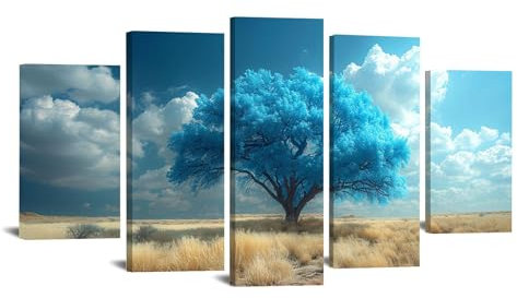JOSUE Lot of 5 Toile Arbre De Vie Tableau Paysage d’arbre bleu Decoration Murale Salon Toile Tableau,Bleu G Moderne Tableau Decoration Murale Salon Chambre- 50x100cm Encadrée