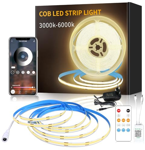 Yeewhale cob Led strip 5m,mit Fernbedienung, APP Steuerung,DC24V 3000k Warmweiß LED band,flexible Dimmbar COB LED Streifen, anwendbar auf Schlafzimmer, Raum,Schrank,DIY Dekoration